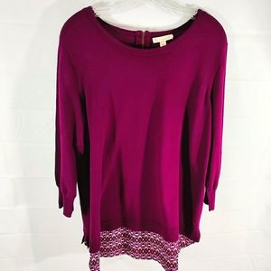 Dressbarn Women's Scoop Neck 3/4 Sleeve Sweater Patterned Shirttail Plum Size 1X